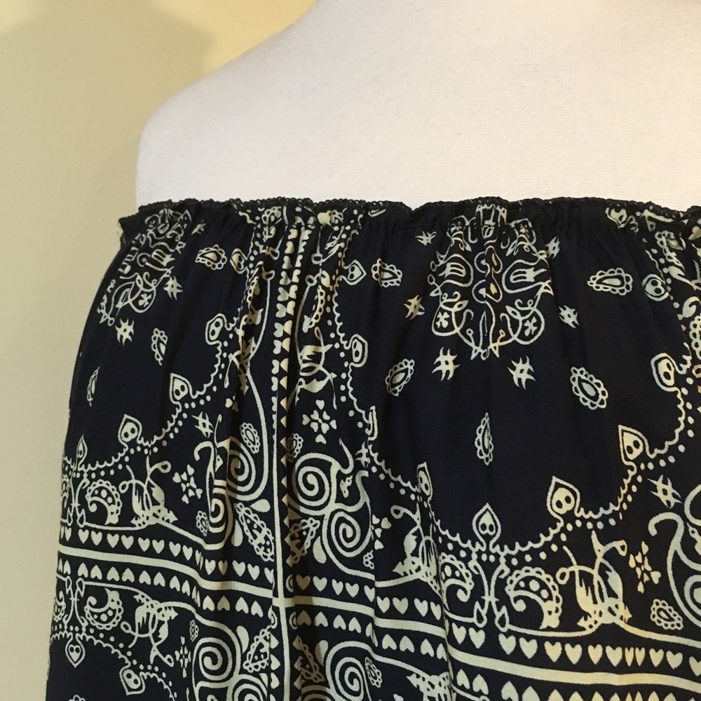 Off Shoulder Ruffled 3/4 Sleeve Print Blouse Navy - Picture 5 of 7